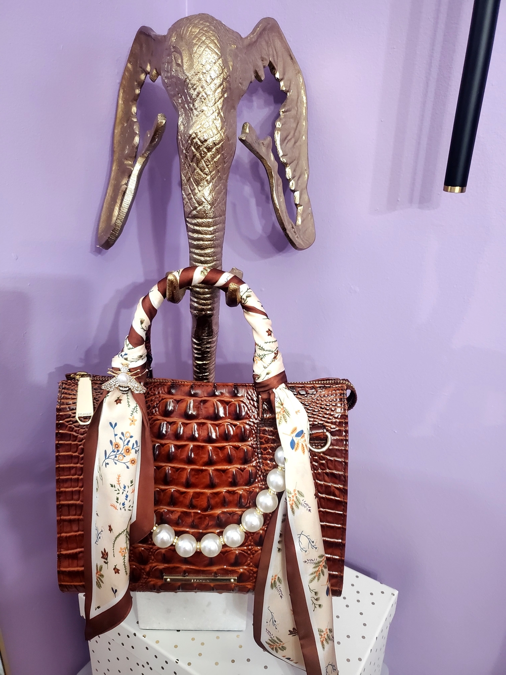 Brahmin Croc-Embossed Brown Satchel with Scarf-Wrapped Handles and Pearl Accent